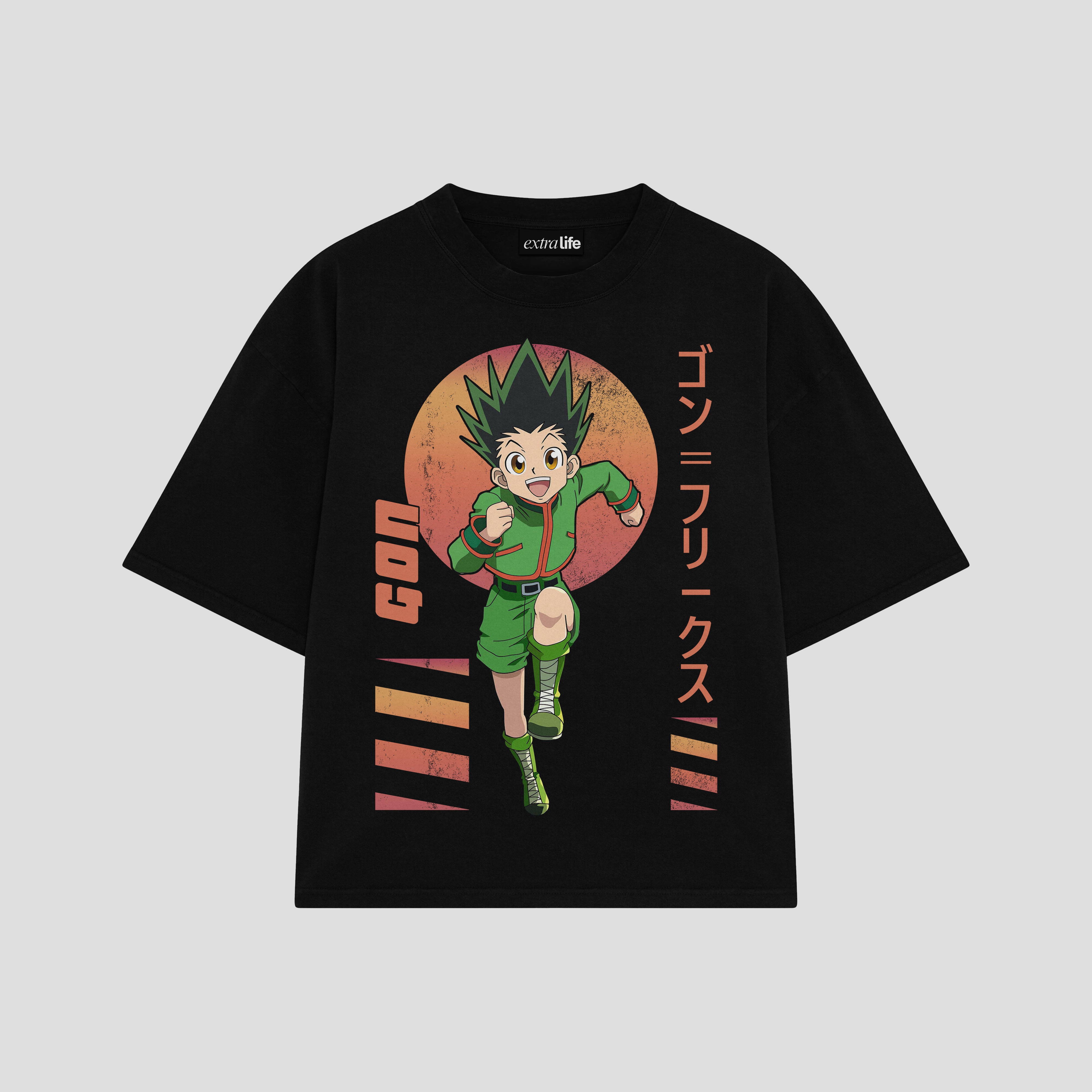 Playera streetwear premium de anime y gaming ExtraLife MX, corte boxy oversized drop shoulder heavyweight en color Deep Black y Off-White, moda urbana mexicana de culto.
