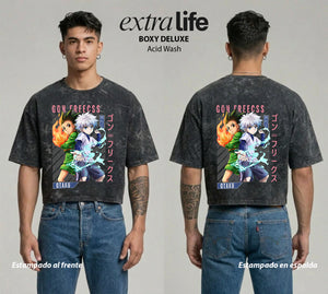 Playera streetwear premium de anime y gaming ExtraLife MX, corte boxy deluxe mineral wash heavyweight en color Acid Wash, moda urbana mexicana de culto.