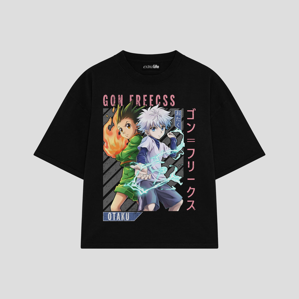 Playera streetwear premium de anime y gaming ExtraLife MX, corte oversized drop shoulder ligero y fresco en color Deep Black y Off-White, moda urbana mexicana de culto.