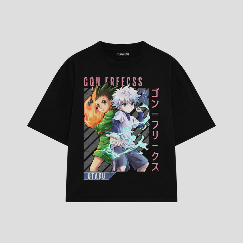 Playera streetwear premium de anime y gaming ExtraLife MX, corte boxy oversized drop shoulder heavyweight en color Deep Black y Off-White, moda urbana mexicana de culto.