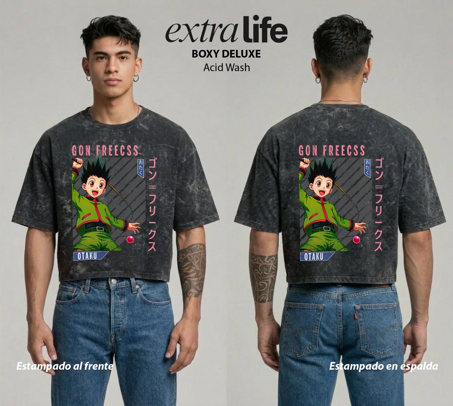 Playera streetwear premium de anime y gaming ExtraLife MX, corte boxy deluxe mineral wash heavyweight en color Acid Wash, moda urbana mexicana de culto.