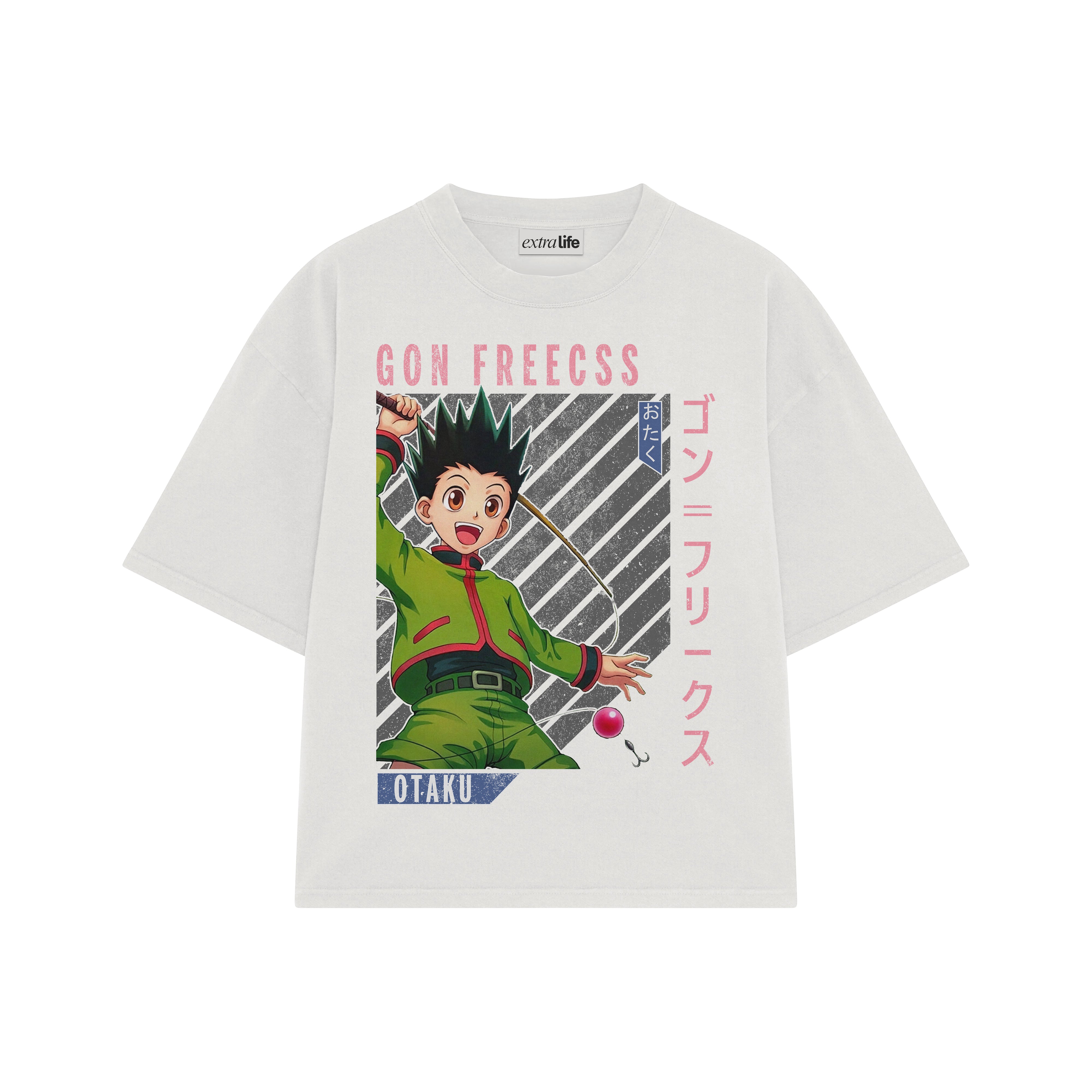Playera streetwear premium de anime y gaming ExtraLife MX, corte boxy oversized drop shoulder heavyweight en color Deep Black y Off-White, moda urbana mexicana de culto.