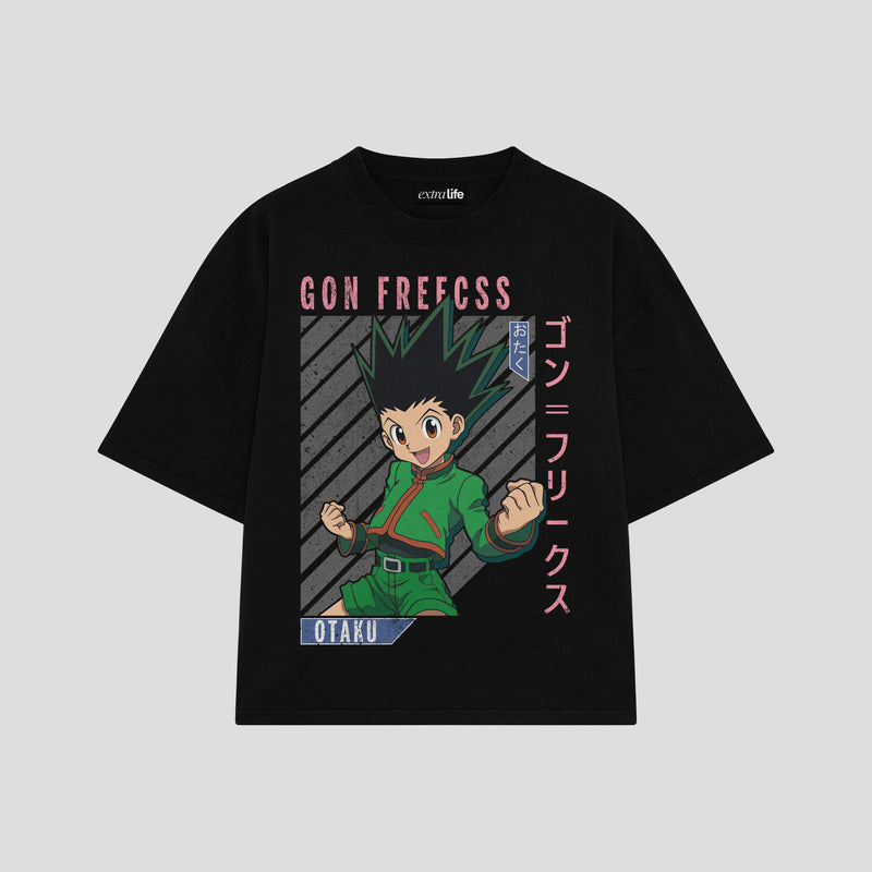 Playera streetwear premium de anime y gaming ExtraLife MX, corte boxy oversized drop shoulder heavyweight en color Deep Black y Off-White, moda urbana mexicana de culto.