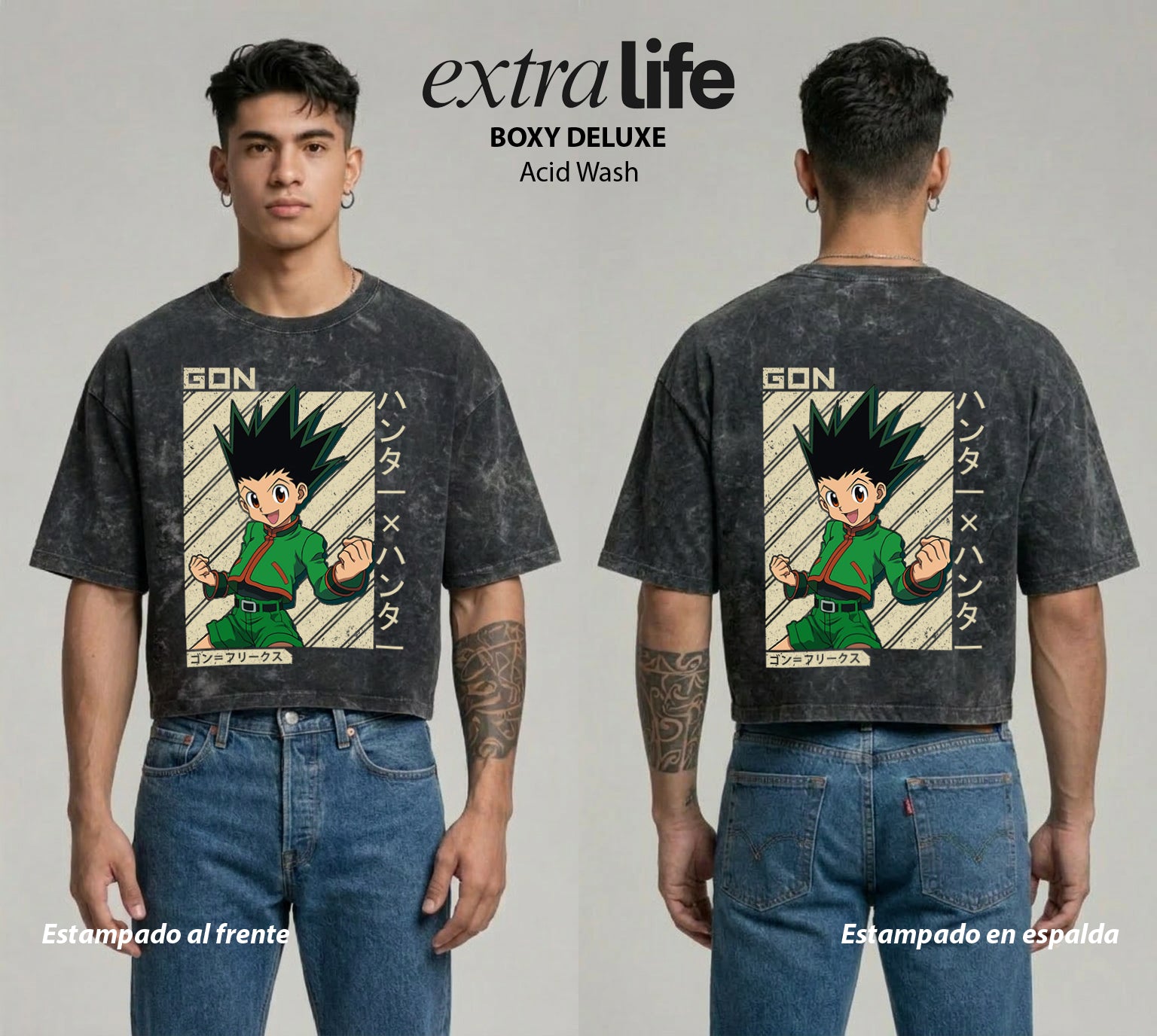Playera streetwear premium de anime y gaming ExtraLife MX, corte boxy deluxe mineral wash heavyweight en color Acid Wash, moda urbana mexicana de culto.