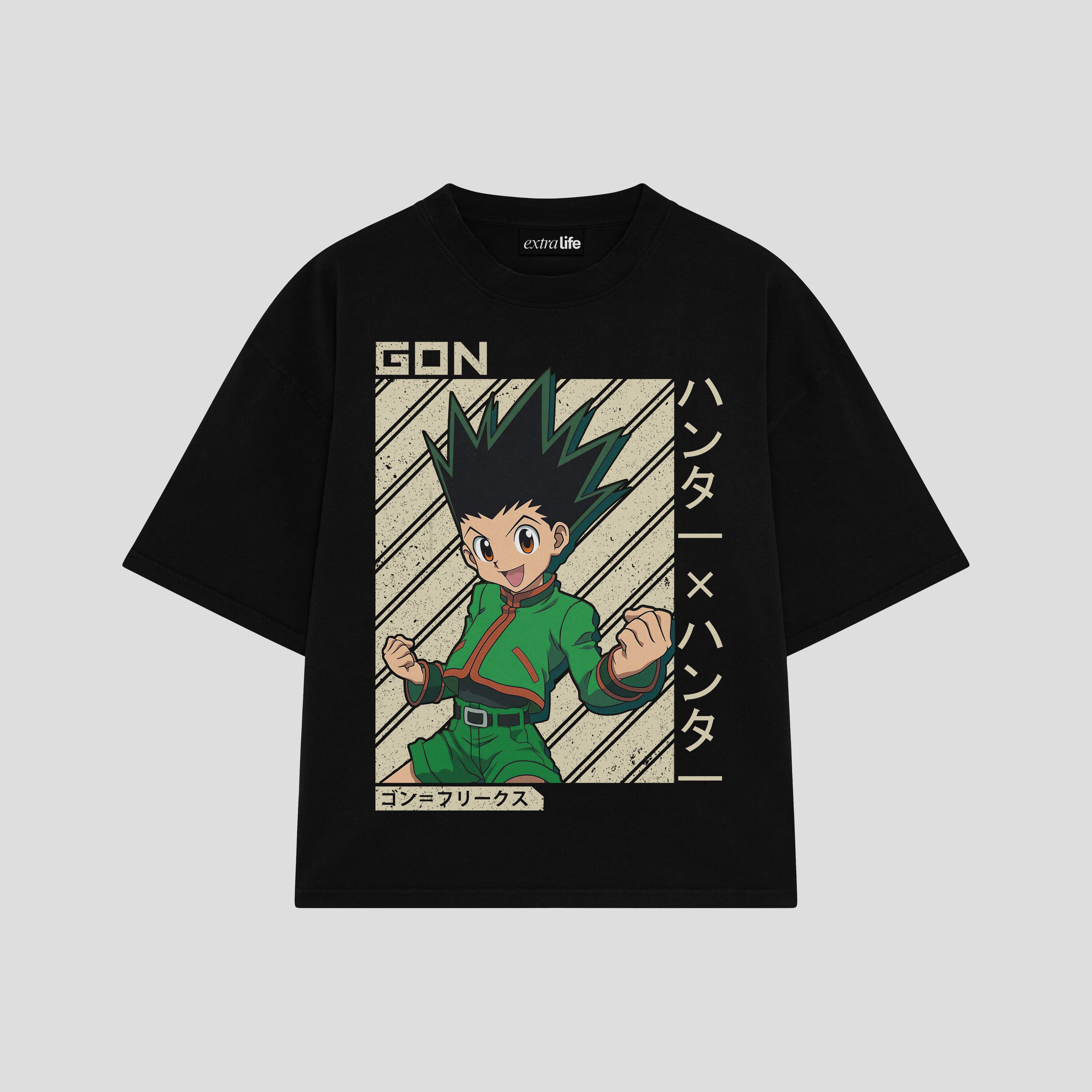 Playera streetwear premium de anime y gaming ExtraLife MX, corte boxy oversized drop shoulder heavyweight en color Deep Black y Off-White, moda urbana mexicana de culto.