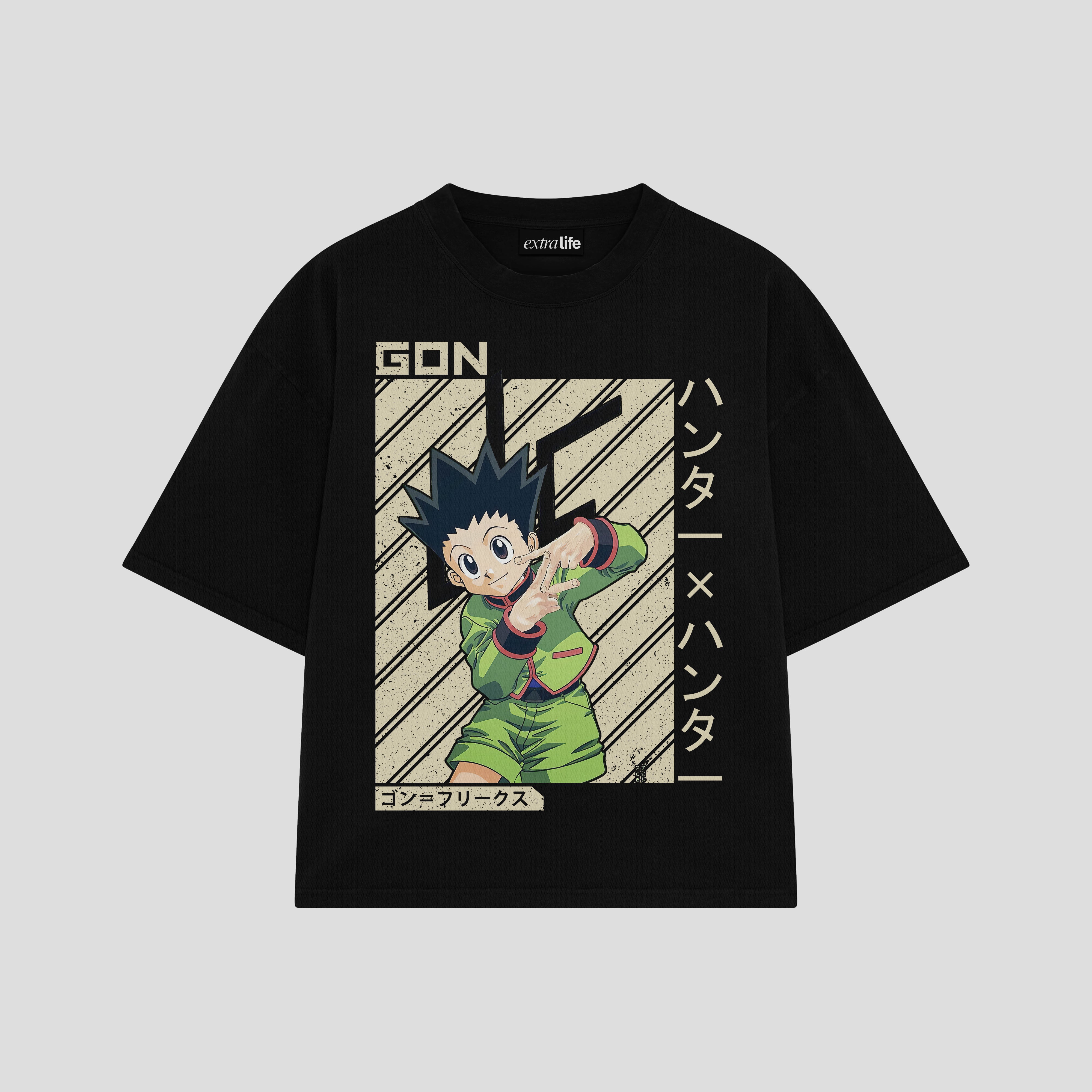 Playera streetwear premium de anime y gaming ExtraLife MX, corte boxy oversized drop shoulder heavyweight en color Deep Black y Off-White, moda urbana mexicana de culto.