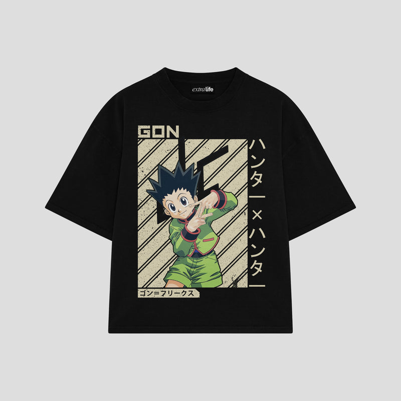 Playera streetwear premium de anime y gaming ExtraLife MX, corte boxy oversized drop shoulder heavyweight en color Deep Black y Off-White, moda urbana mexicana de culto.