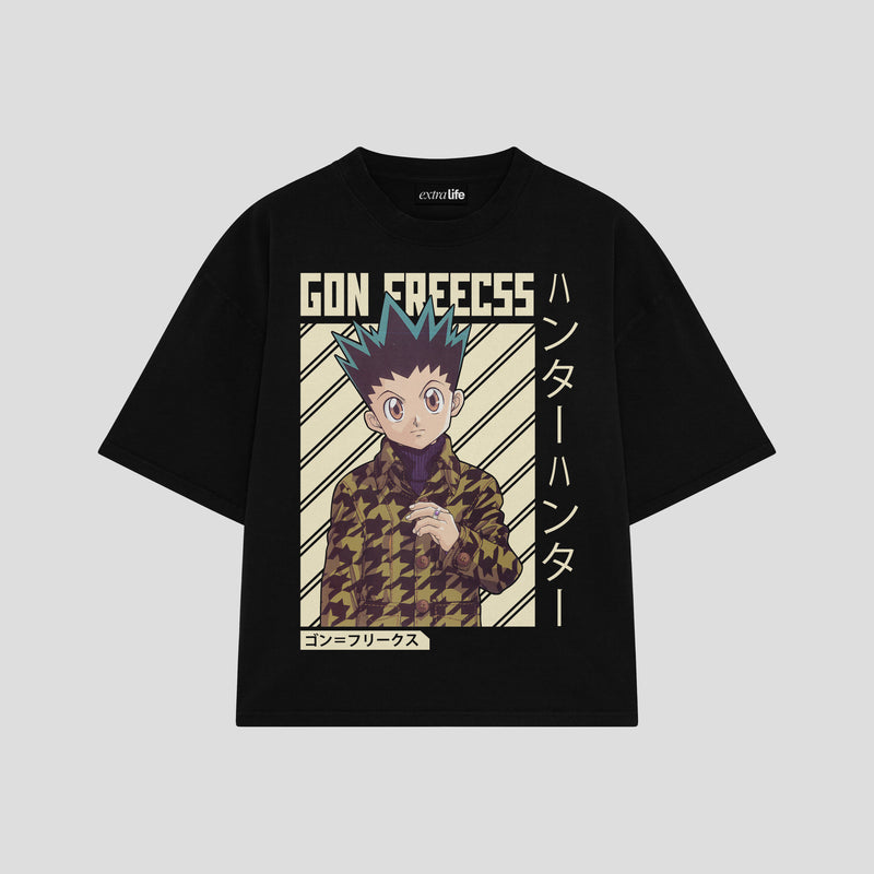 Playera streetwear premium de anime y gaming ExtraLife MX, corte boxy oversized drop shoulder heavyweight en color Deep Black y Off-White, moda urbana mexicana de culto.