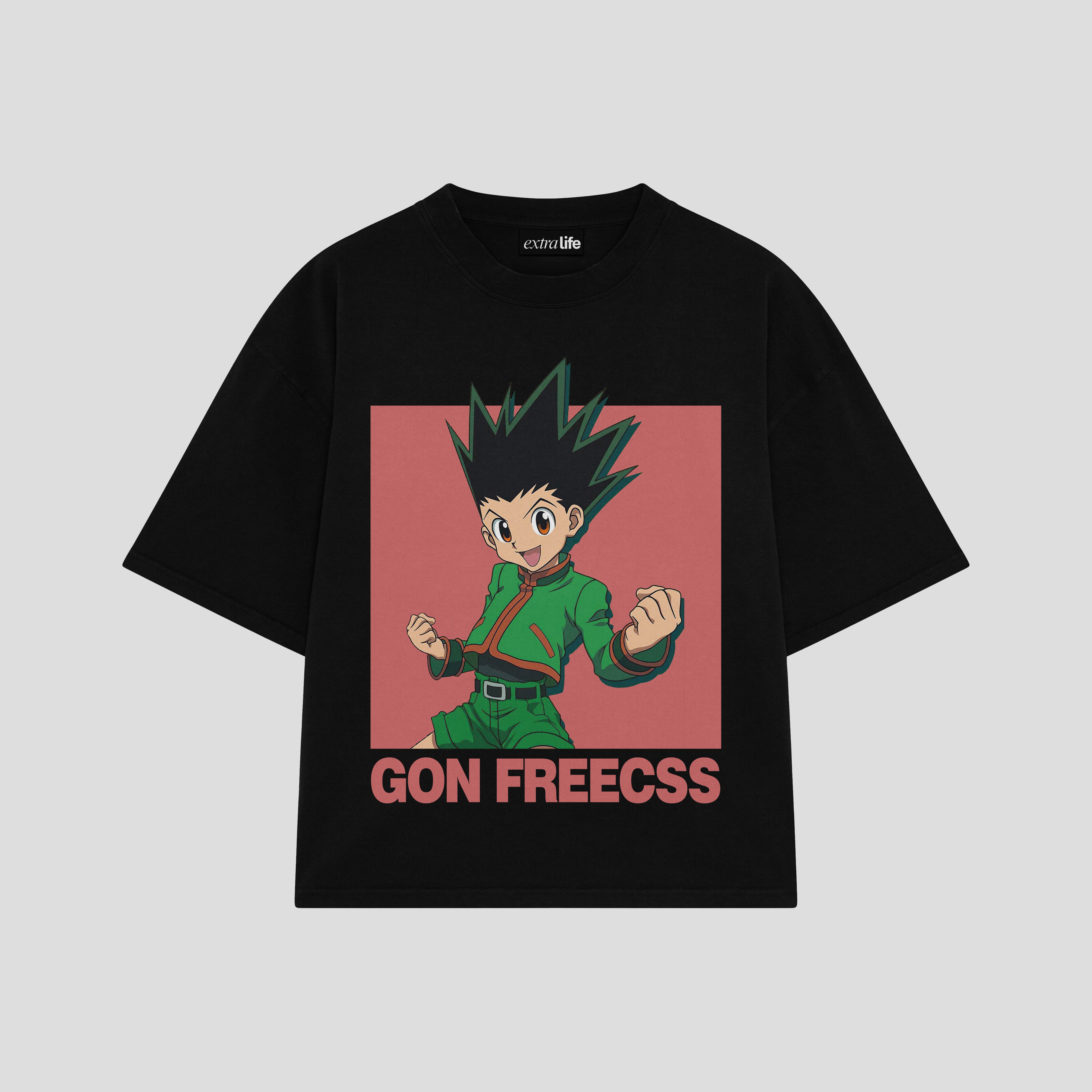 Playera streetwear premium de anime y gaming ExtraLife MX, corte boxy oversized drop shoulder heavyweight en color Deep Black y Off-White, moda urbana mexicana de culto.
