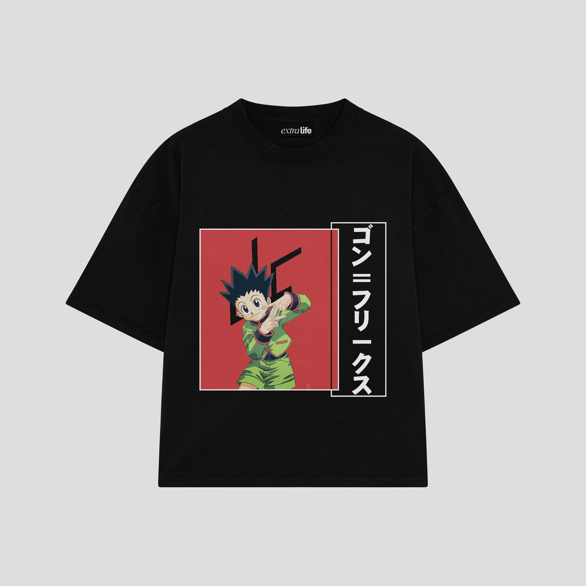 Playera streetwear premium de anime y gaming ExtraLife MX, corte oversized drop shoulder ligero y fresco en color Deep Black y Off-White, moda urbana mexicana de culto.