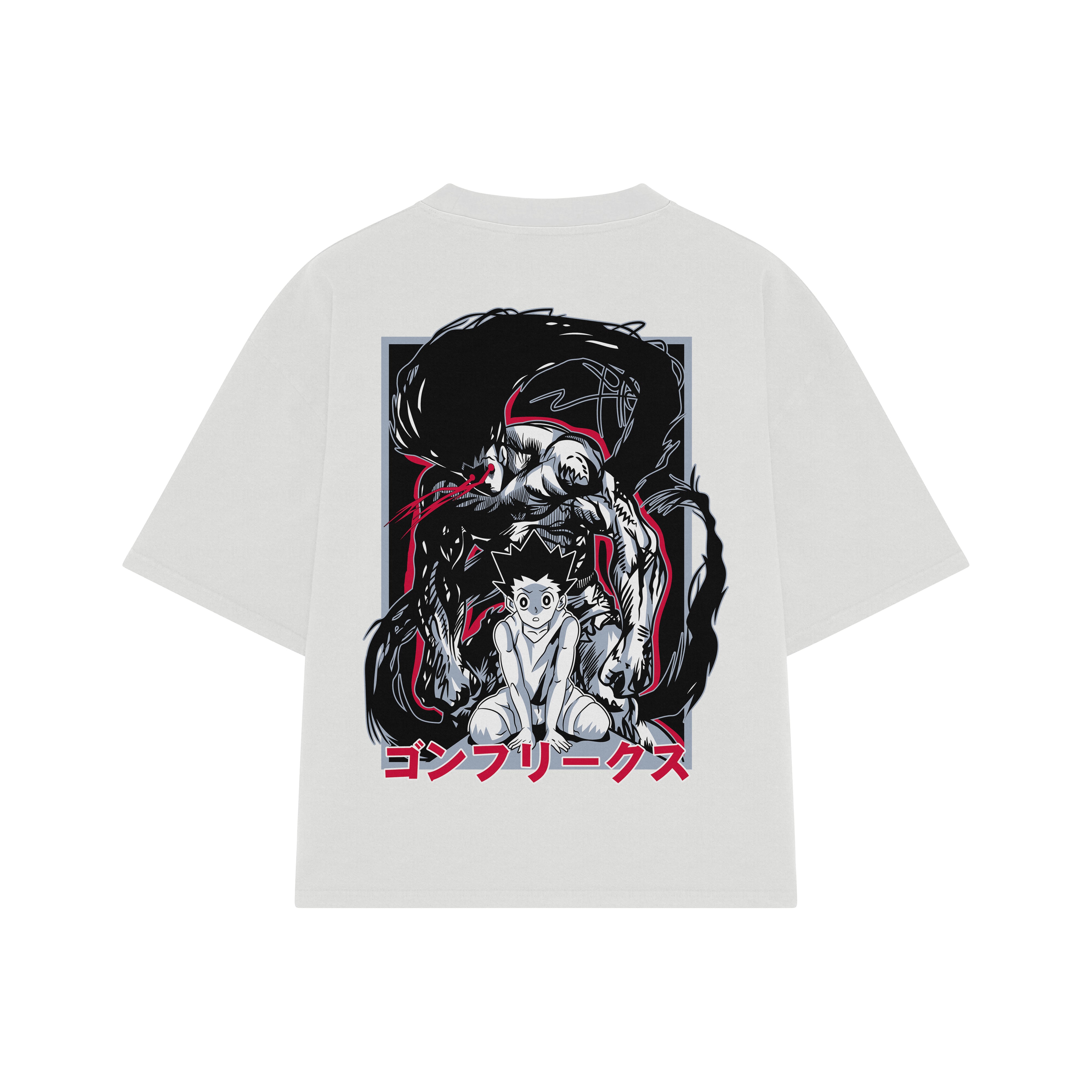 Playera streetwear premium de anime y gaming ExtraLife MX, corte boxy oversized drop shoulder heavyweight en color Deep Black y Off-White, moda urbana mexicana de culto.