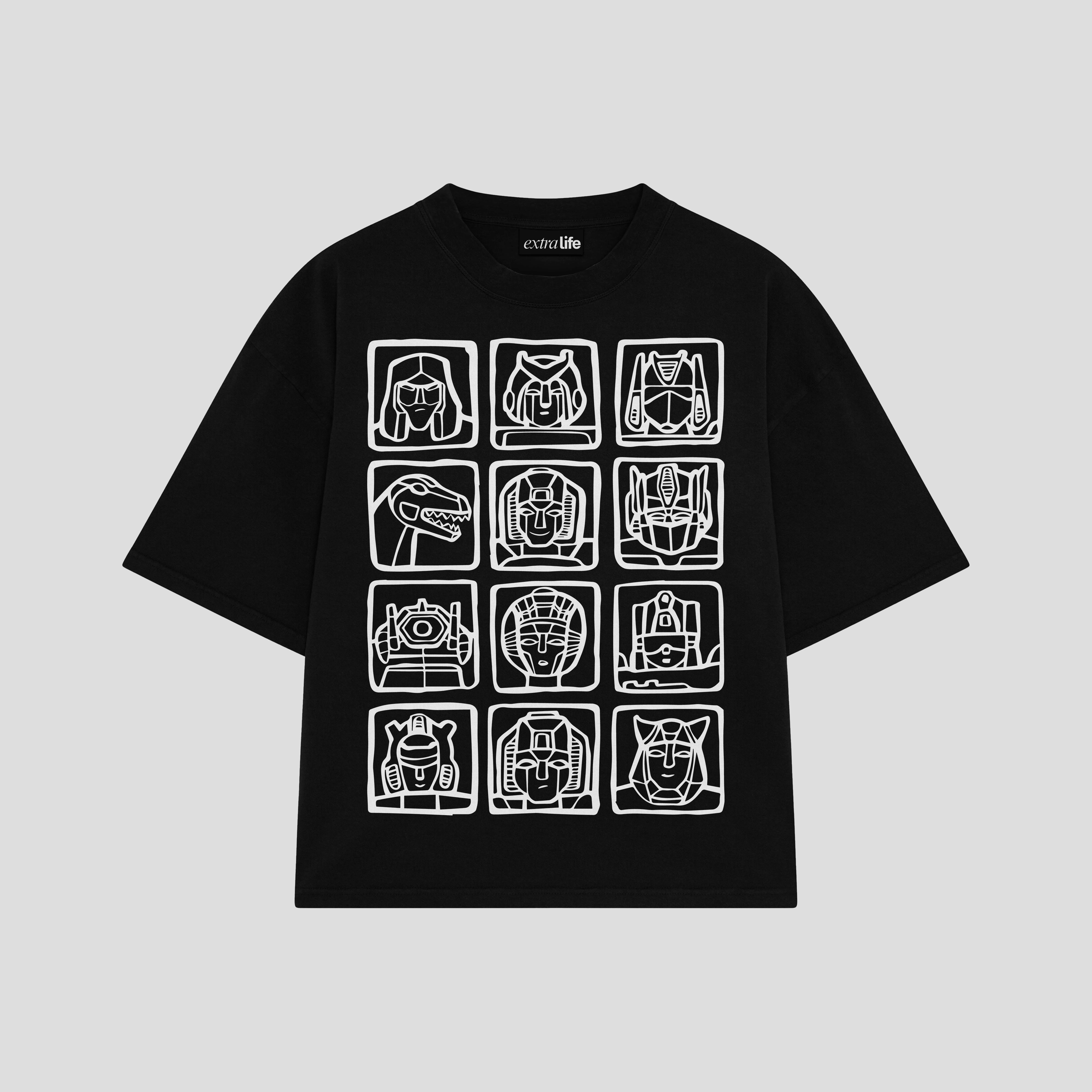 Playera streetwear premium de anime y gaming ExtraLife MX, corte boxy oversized drop shoulder heavyweight en color Deep Black y Off-White, moda urbana mexicana de culto.