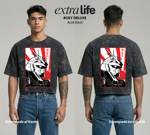 Playera streetwear premium de anime y gaming ExtraLife MX, corte boxy deluxe mineral wash heavyweight en color Acid Wash, moda urbana mexicana de culto.