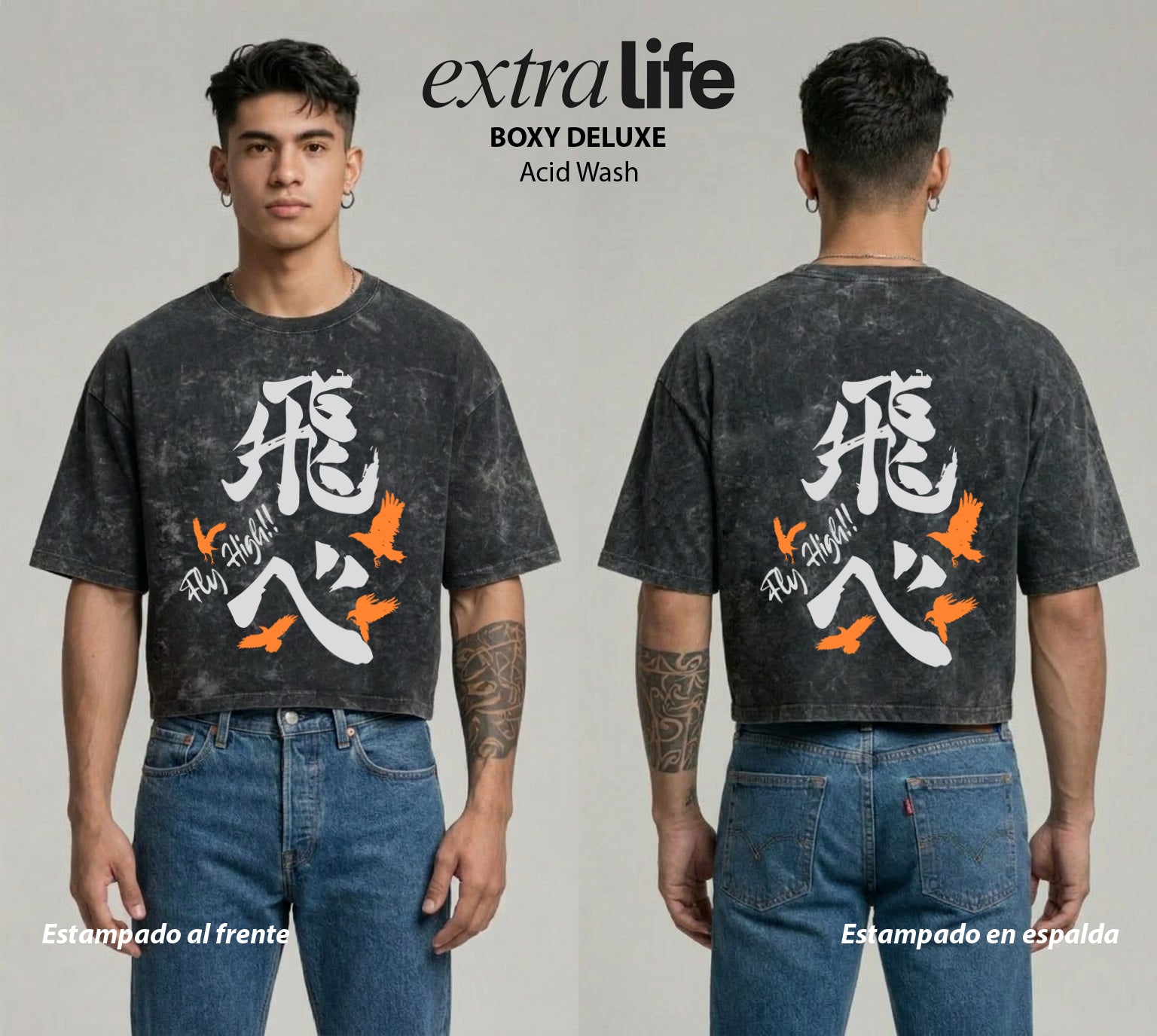 Playera streetwear premium de anime y gaming ExtraLife MX, corte boxy deluxe mineral wash heavyweight en color Acid Wash, moda urbana mexicana de culto.