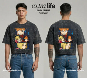 Playera streetwear premium de anime y gaming ExtraLife MX, corte boxy deluxe mineral wash heavyweight en color Acid Wash, moda urbana mexicana de culto.