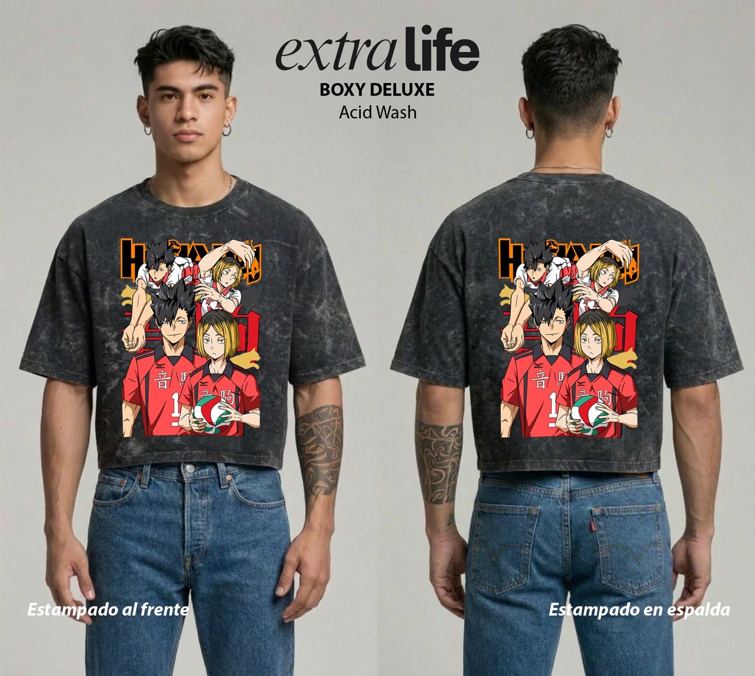 Playera streetwear premium de anime y gaming ExtraLife MX, corte boxy deluxe mineral wash heavyweight en color Acid Wash, moda urbana mexicana de culto.
