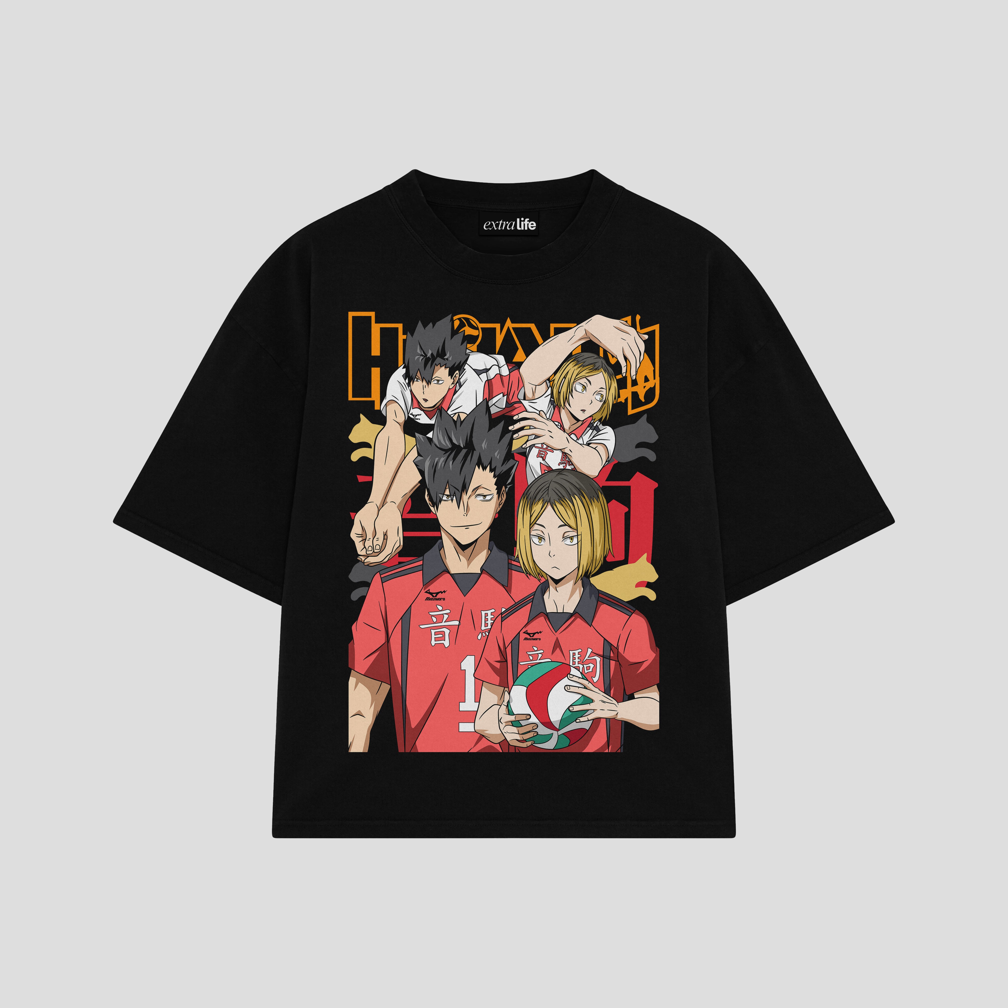 Playera streetwear premium de anime y gaming ExtraLife MX, corte boxy oversized drop shoulder heavyweight en color Deep Black y Off-White, moda urbana mexicana de culto.