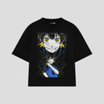 Playera streetwear premium de anime y gaming ExtraLife MX, corte boxy oversized drop shoulder heavyweight en color Deep Black y Off-White, moda urbana mexicana de culto.