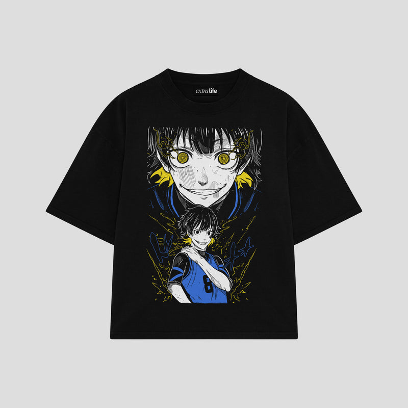 Playera streetwear premium de anime y gaming ExtraLife MX, corte boxy oversized drop shoulder heavyweight en color Deep Black y Off-White, moda urbana mexicana de culto.
