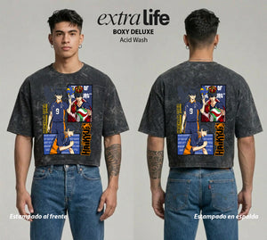Playera streetwear premium de anime y gaming ExtraLife MX, corte boxy deluxe mineral wash heavyweight en color Acid Wash, moda urbana mexicana de culto.