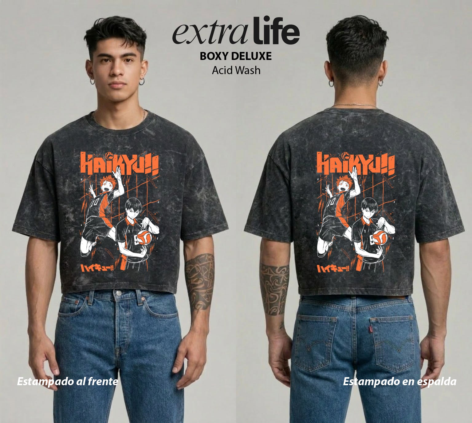 Playera streetwear premium de anime y gaming ExtraLife MX, corte boxy deluxe mineral wash heavyweight en color Acid Wash, moda urbana mexicana de culto.