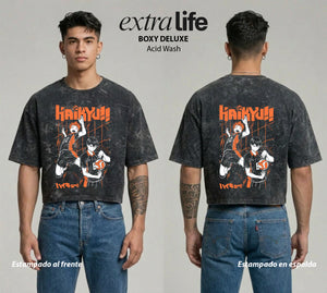 Playera streetwear premium de anime y gaming ExtraLife MX, corte boxy deluxe mineral wash heavyweight en color Acid Wash, moda urbana mexicana de culto.