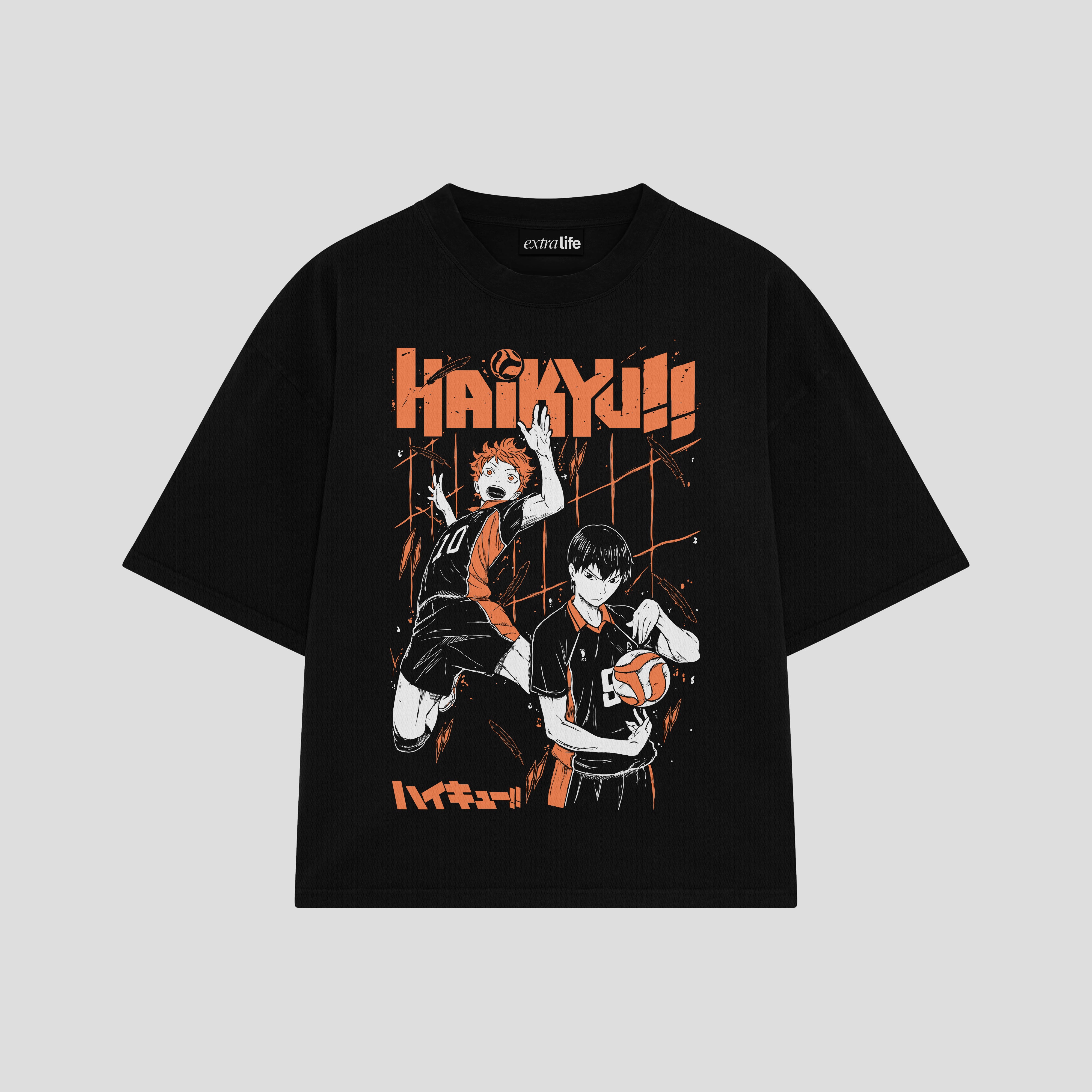 Playera streetwear premium de anime y gaming ExtraLife MX, corte boxy oversized drop shoulder heavyweight en color Deep Black y Off-White, moda urbana mexicana de culto.