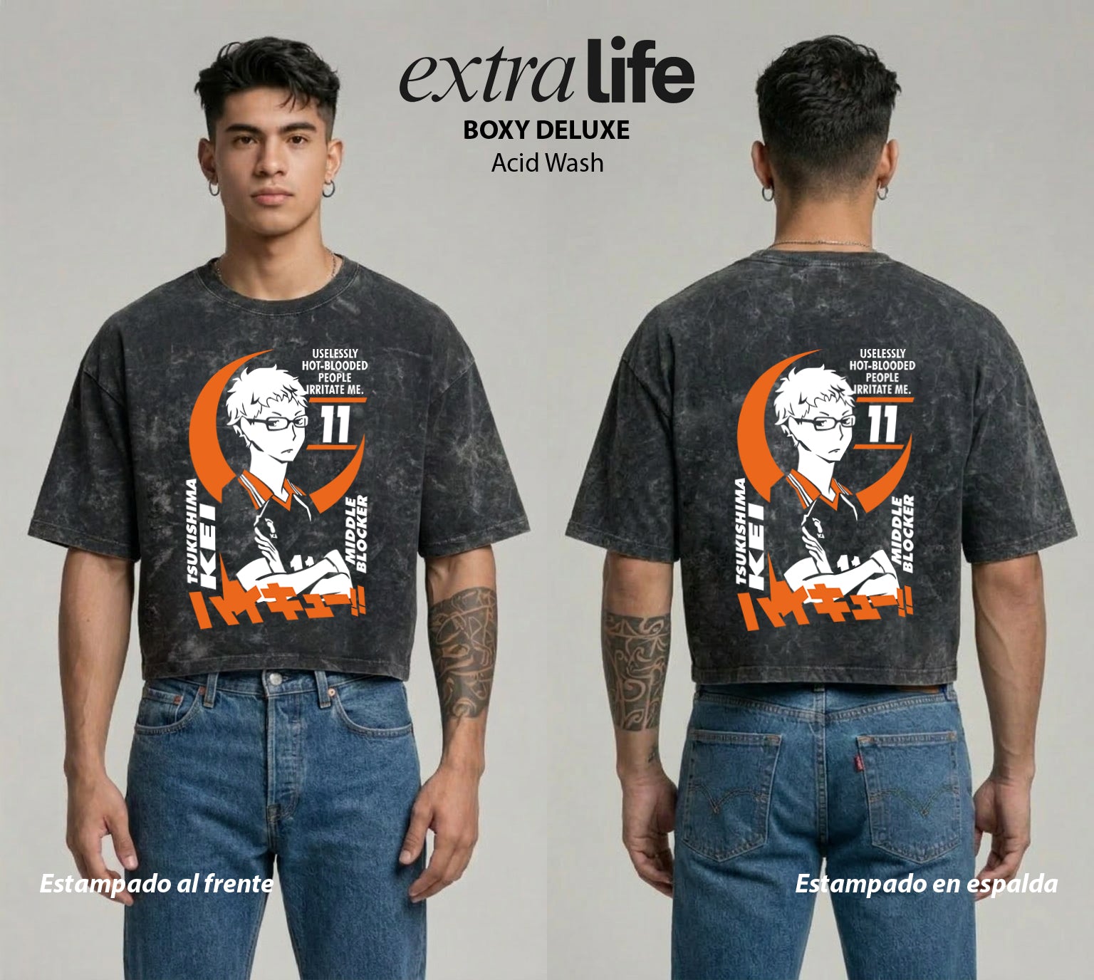 Playera streetwear premium de anime y gaming ExtraLife MX, corte boxy deluxe mineral wash heavyweight en color Acid Wash, moda urbana mexicana de culto.