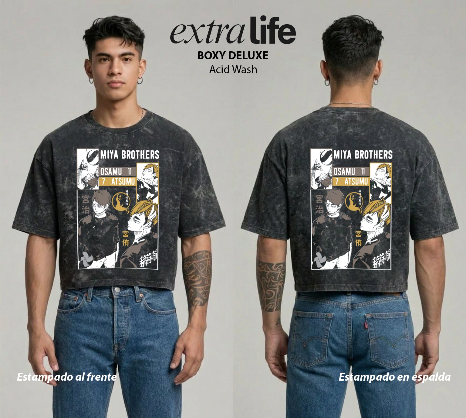 Playera streetwear premium de anime y gaming ExtraLife MX, corte boxy deluxe mineral wash heavyweight en color Acid Wash, moda urbana mexicana de culto.