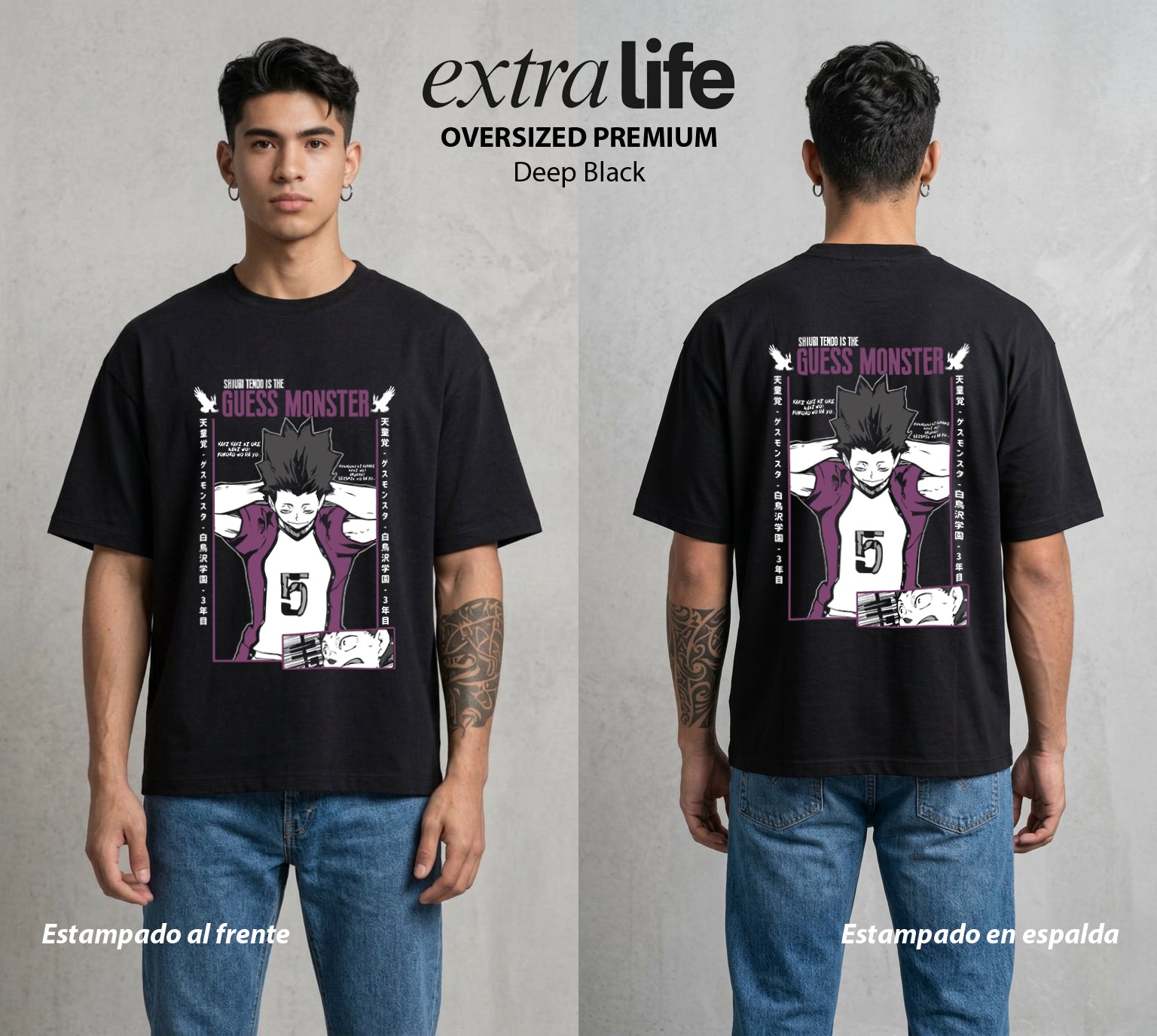 El Vuelo del Voleibol | Haikyuu Satori Tendo #01600 - Playera Oversized Premium | Deep Black - Foto en modelo