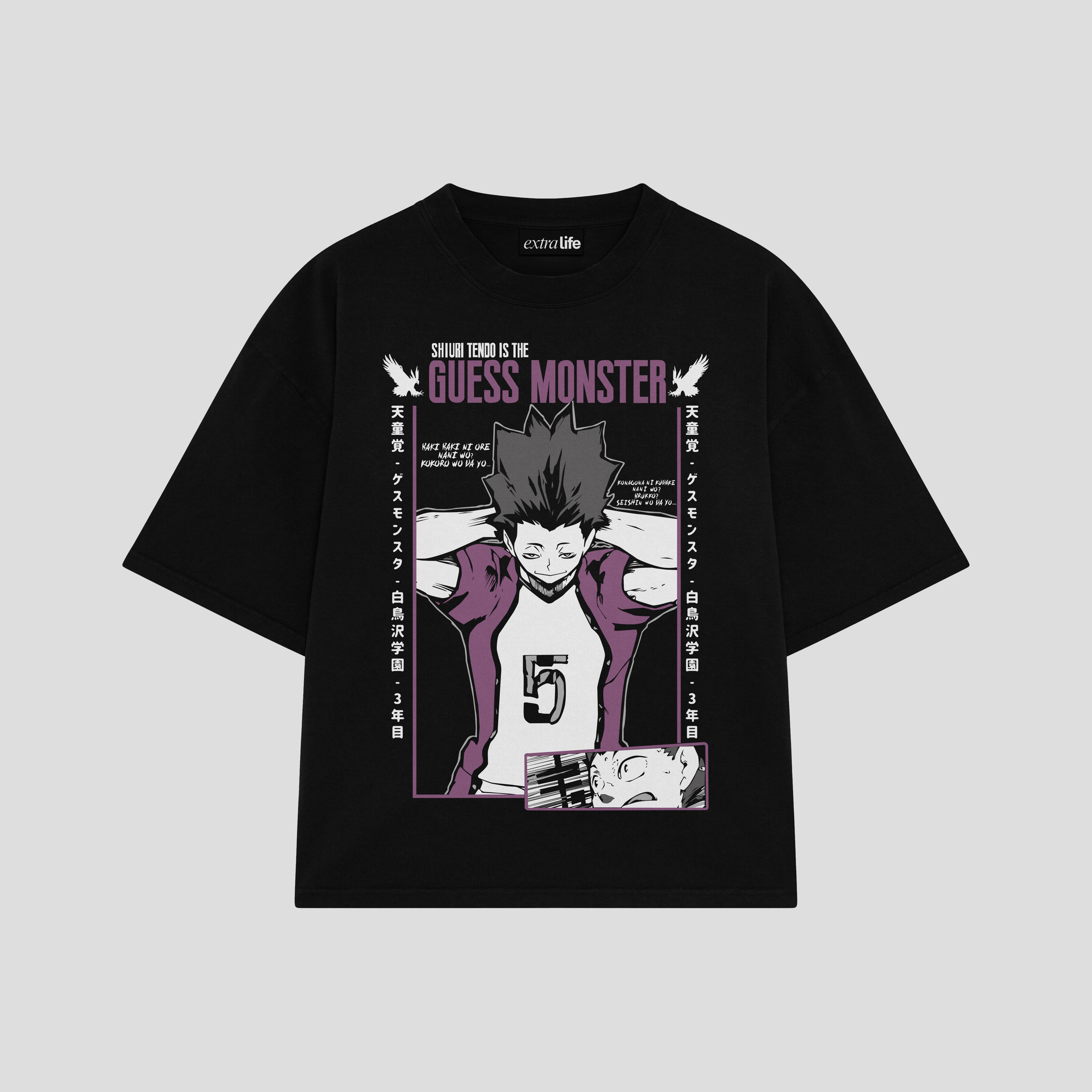 Playera streetwear premium de anime y gaming ExtraLife MX, corte boxy oversized drop shoulder heavyweight en color Deep Black y Off-White, moda urbana mexicana de culto.