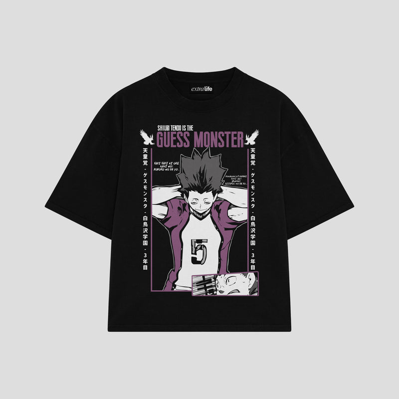 Playera streetwear premium de anime y gaming ExtraLife MX, corte boxy oversized drop shoulder heavyweight en color Deep Black y Off-White, moda urbana mexicana de culto.