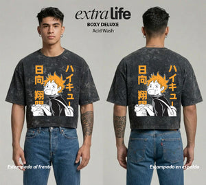 Playera streetwear premium de anime y gaming ExtraLife MX, corte boxy deluxe mineral wash heavyweight en color Acid Wash, moda urbana mexicana de culto.