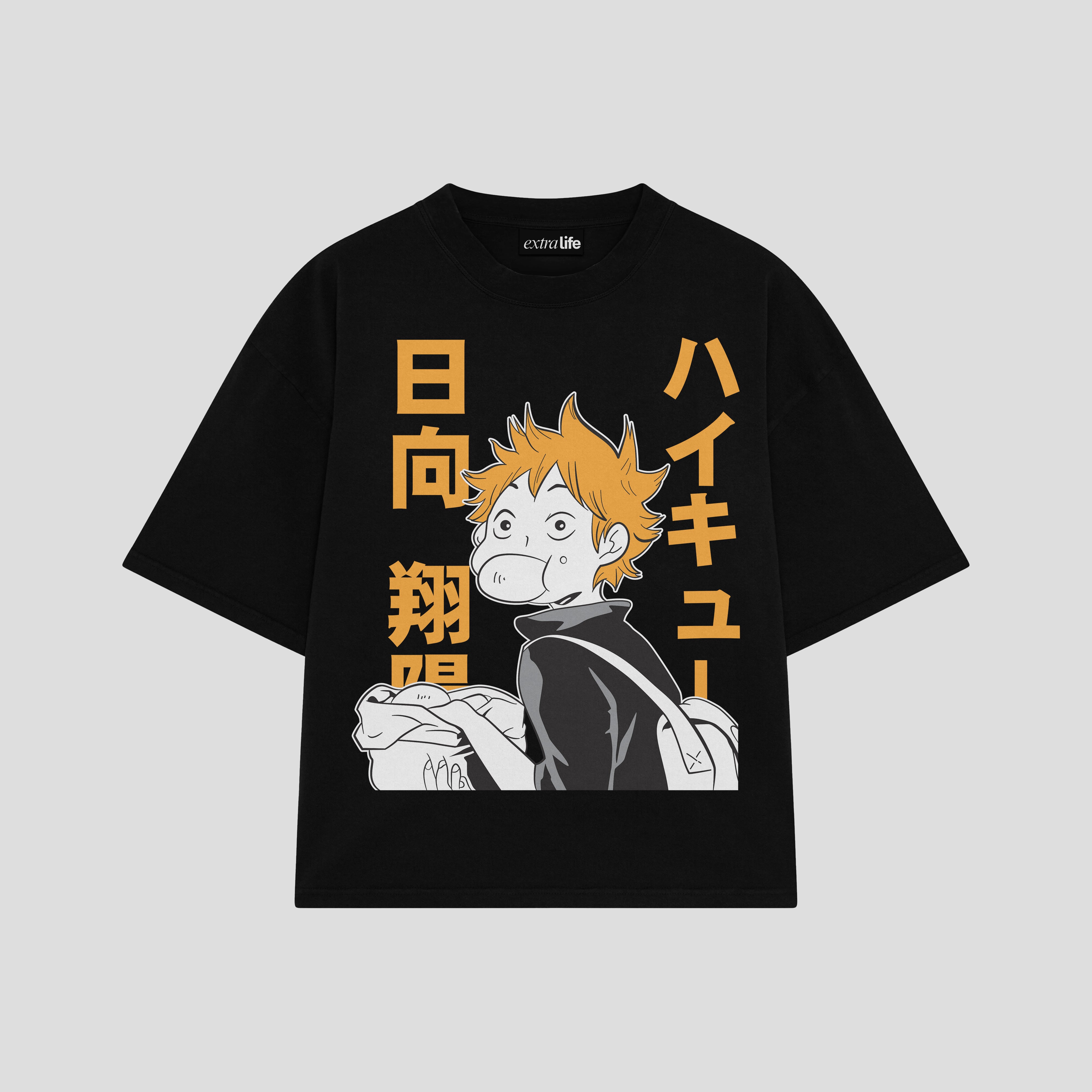 Playera streetwear premium de anime y gaming ExtraLife MX, corte boxy oversized drop shoulder heavyweight en color Deep Black y Off-White, moda urbana mexicana de culto.