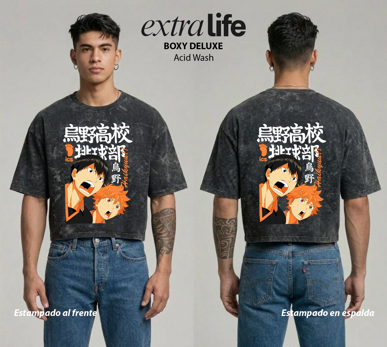 Playera streetwear premium de anime y gaming ExtraLife MX, corte boxy deluxe mineral wash heavyweight en color Acid Wash, moda urbana mexicana de culto.