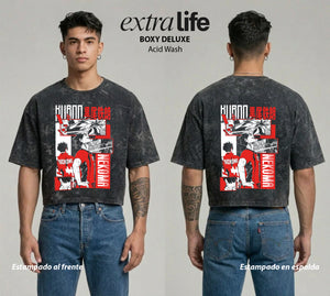Playera streetwear premium de anime y gaming ExtraLife MX, corte boxy deluxe mineral wash heavyweight en color Acid Wash, moda urbana mexicana de culto.