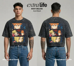 Playera streetwear premium de anime y gaming ExtraLife MX, corte boxy deluxe mineral wash heavyweight en color Acid Wash, moda urbana mexicana de culto.
