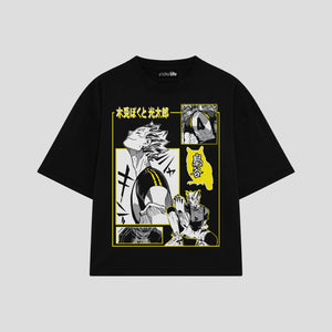 Playera streetwear premium de anime y gaming ExtraLife MX, corte boxy oversized drop shoulder heavyweight en color Deep Black y Off-White, moda urbana mexicana de culto.