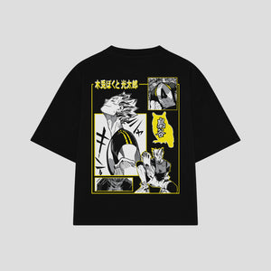 Playera streetwear premium de anime y gaming ExtraLife MX, corte boxy oversized drop shoulder heavyweight en color Deep Black y Off-White, moda urbana mexicana de culto.