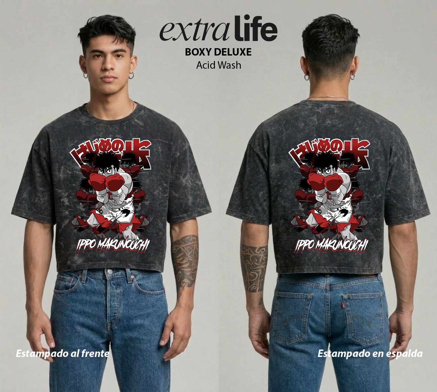 Playera streetwear premium de anime y gaming ExtraLife MX, corte boxy deluxe mineral wash heavyweight en color Acid Wash, moda urbana mexicana de culto.
