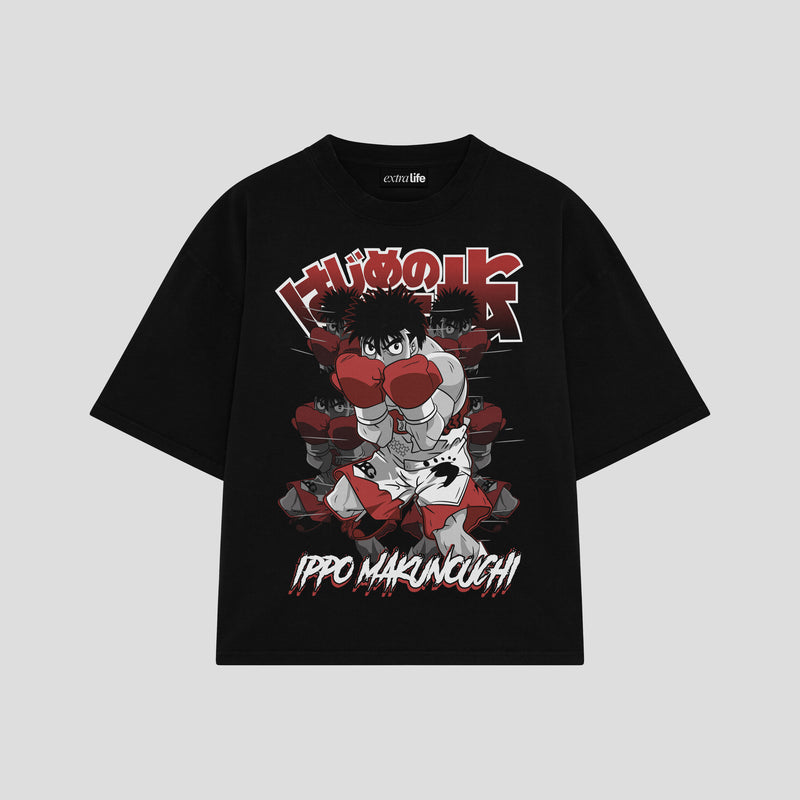 Playera streetwear premium de anime y gaming ExtraLife MX, corte boxy oversized drop shoulder heavyweight en color Deep Black y Off-White, moda urbana mexicana de culto.