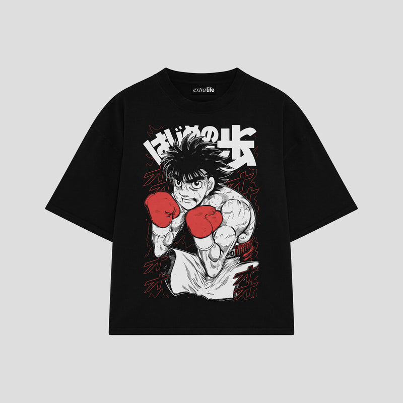 Playera streetwear premium de anime y gaming ExtraLife MX, corte boxy oversized drop shoulder heavyweight en color Deep Black y Off-White, moda urbana mexicana de culto.