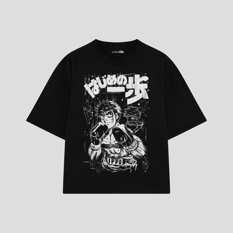 Playera streetwear premium de anime y gaming ExtraLife MX, corte boxy oversized drop shoulder heavyweight en color Deep Black y Off-White, moda urbana mexicana de culto.