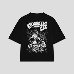 Playera streetwear premium de anime y gaming ExtraLife MX, corte boxy oversized drop shoulder heavyweight en color Deep Black y Off-White, moda urbana mexicana de culto.