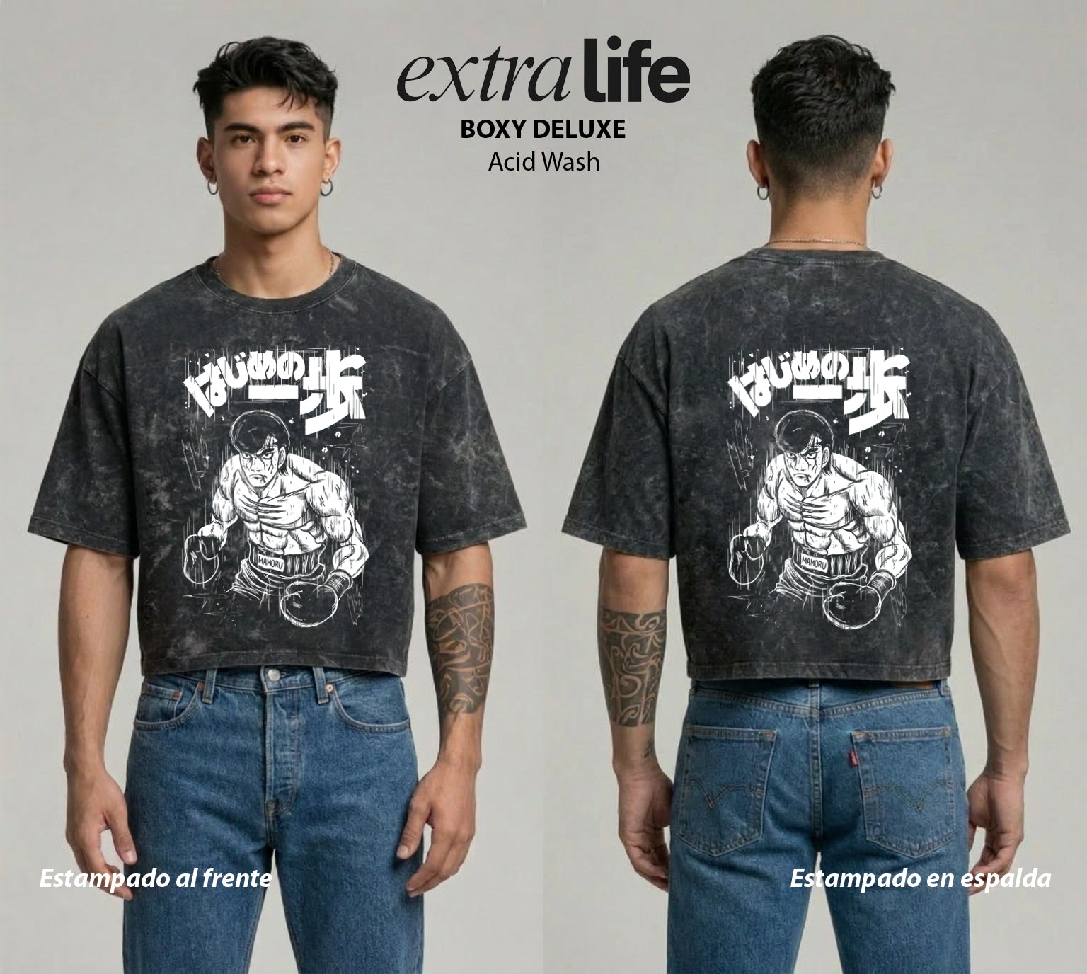 Playera streetwear premium de anime y gaming ExtraLife MX, corte boxy deluxe mineral wash heavyweight en color Acid Wash, moda urbana mexicana de culto.