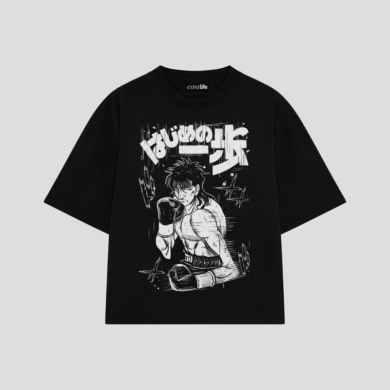 Playera streetwear premium de anime y gaming ExtraLife MX, corte boxy oversized drop shoulder heavyweight en color Deep Black y Off-White, moda urbana mexicana de culto.