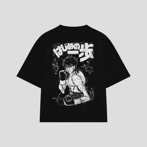 Playera streetwear premium de anime y gaming ExtraLife MX, corte boxy oversized drop shoulder heavyweight en color Deep Black y Off-White, moda urbana mexicana de culto.