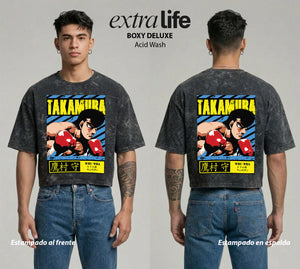 Playera streetwear premium de anime y gaming ExtraLife MX, corte boxy deluxe mineral wash heavyweight en color Acid Wash, moda urbana mexicana de culto.