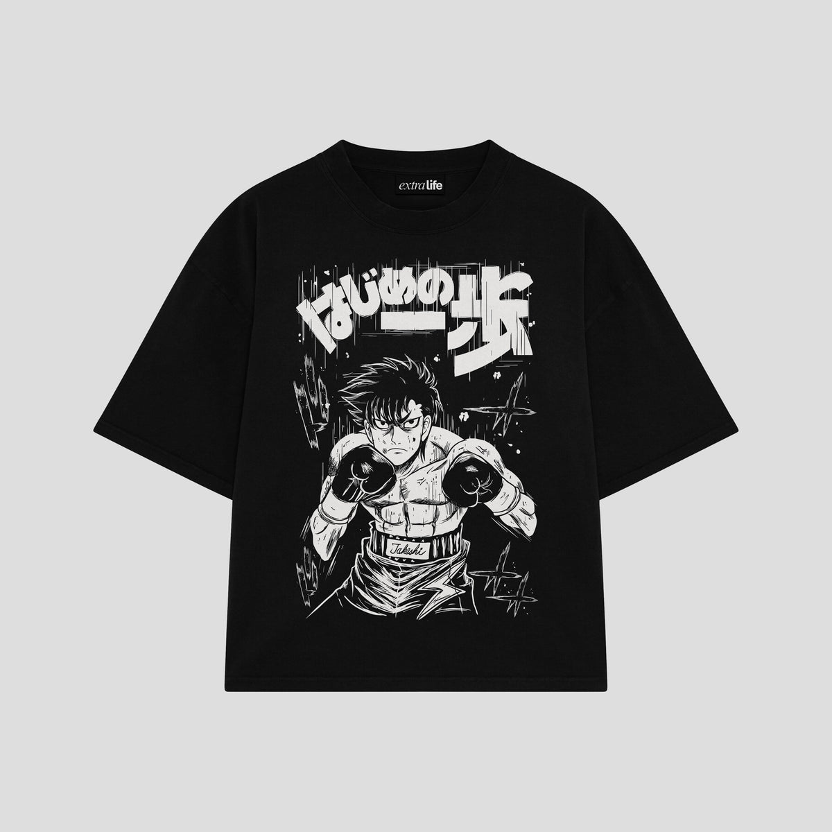 Playera streetwear premium de anime y gaming ExtraLife MX, corte oversized drop shoulder ligero y fresco en color Deep Black y Off-White, moda urbana mexicana de culto.