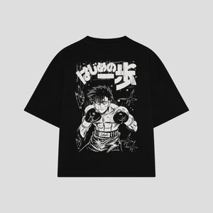 Playera streetwear premium de anime y gaming ExtraLife MX, corte boxy oversized drop shoulder heavyweight en color Deep Black y Off-White, moda urbana mexicana de culto.